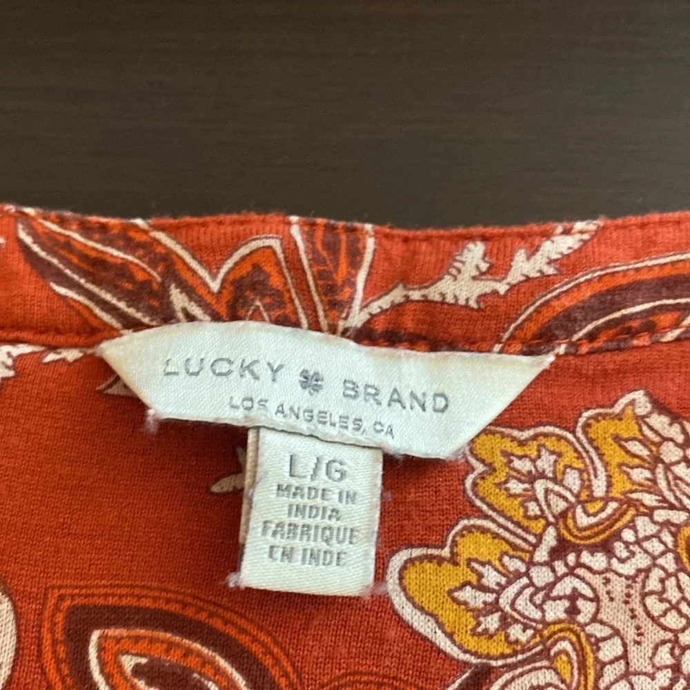 Lucky Brand Burnt Orange Floral Blouse with Mandarin Collar. Size L.